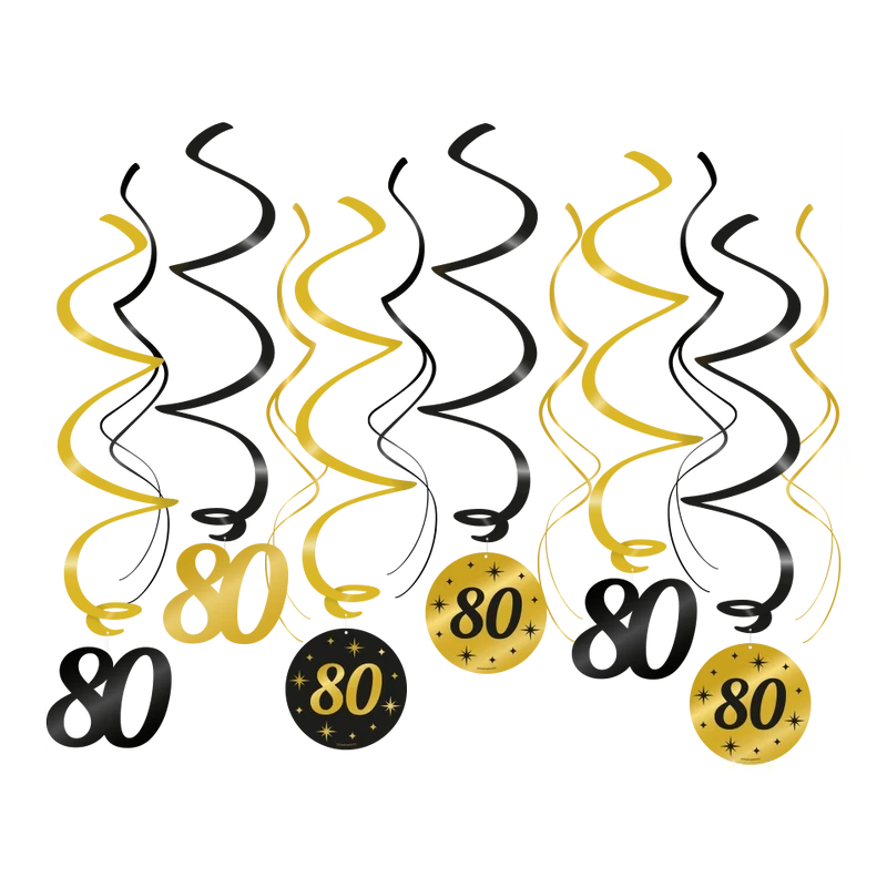 Swirl draaislinger 80 jaar goud zwart 12 stuks