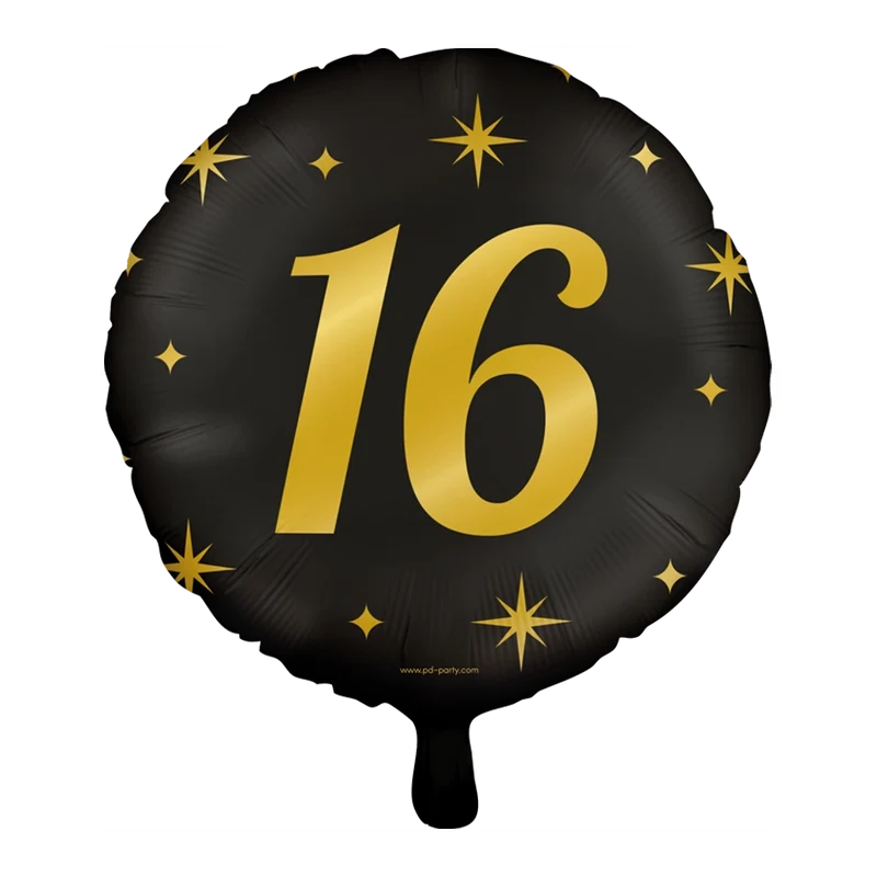 Folieballon 16 jaar - goud zwart - 45cm