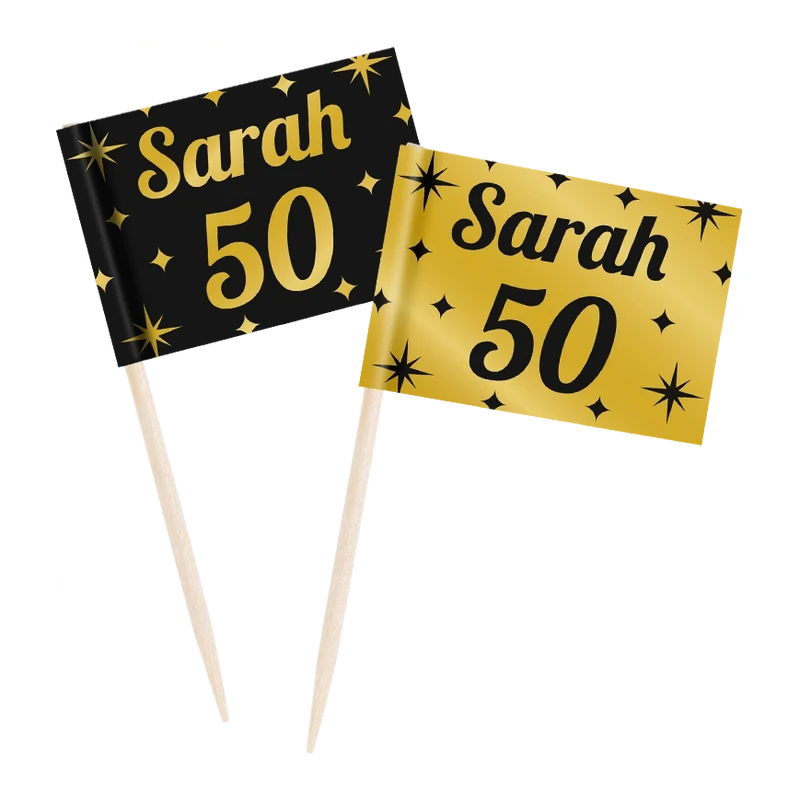 Cocktail prikkers Sarah 50 jaar zwart - goud - 50 stuks
