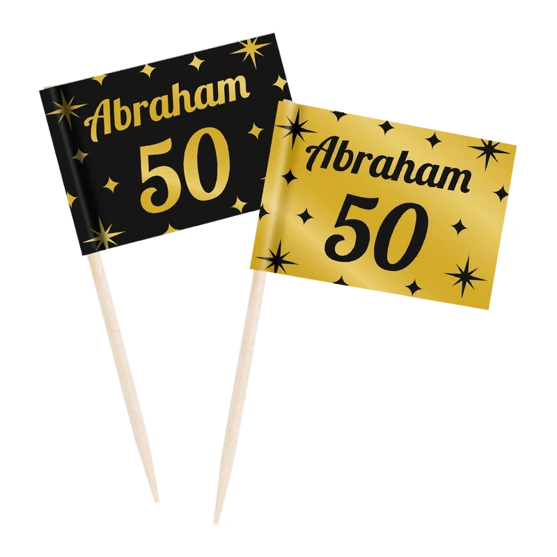 Cocktail prikkers Abraham 50 jaar zwart - goud - 50 stuks