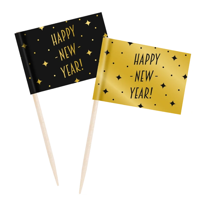 Cocktail prikkers Happy New Year zwart - goud - 50 stuks