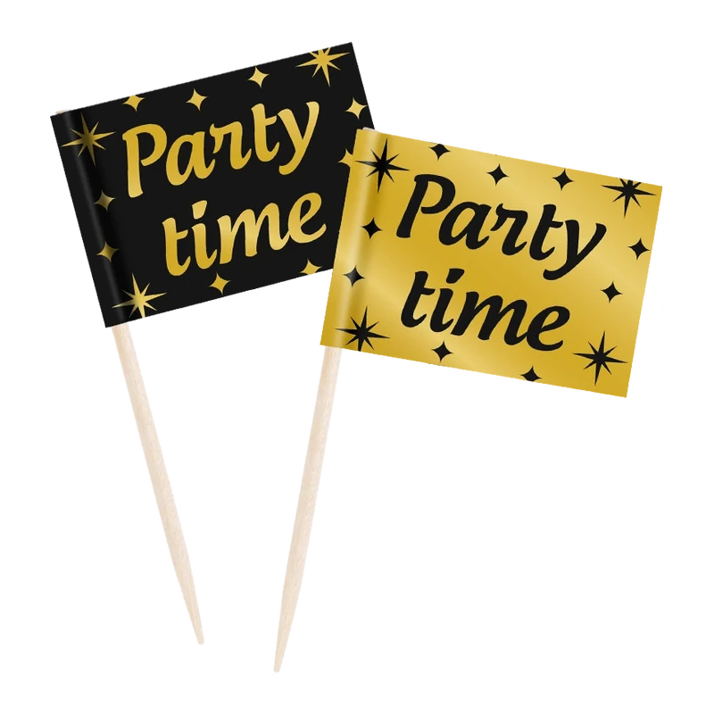Cocktail prikkers Party Time zwart - goud - 50 stuks