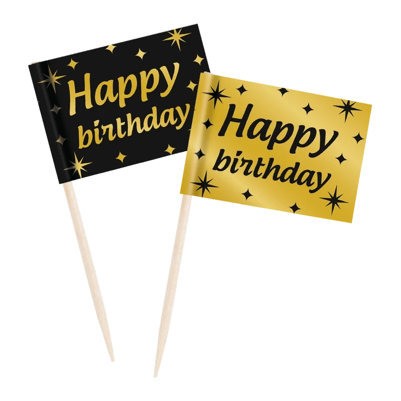 Cocktail prikkers Happy Birthday zwart - goud - 50 stuks