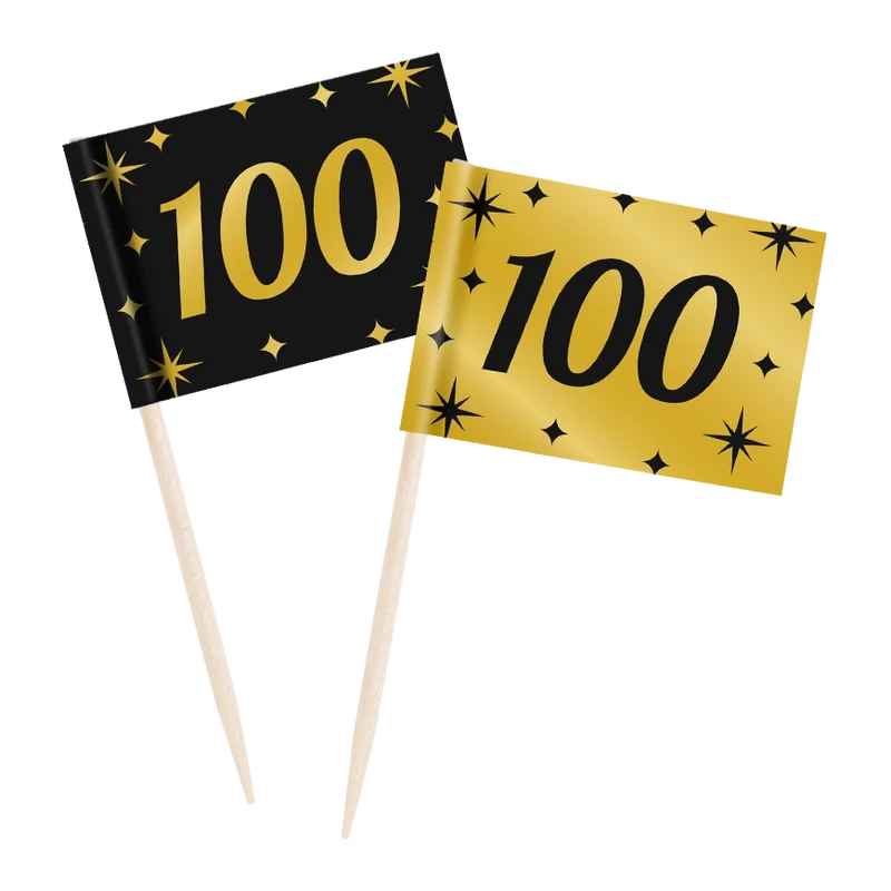 Cocktail prikkers 100 jaar zwart - goud - 50 stuks