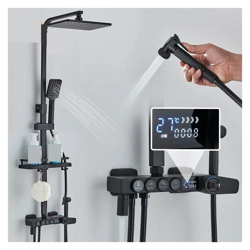 Premium Digital Shower System Hydropower LCD Display Thermostatic Control Smart Flat Switch High Pressure Rainfall Head Air Injection Bathtub Bidet Compatible Black Chrome Finish Four Way Valve Rock Solid Game Changer Upgrade