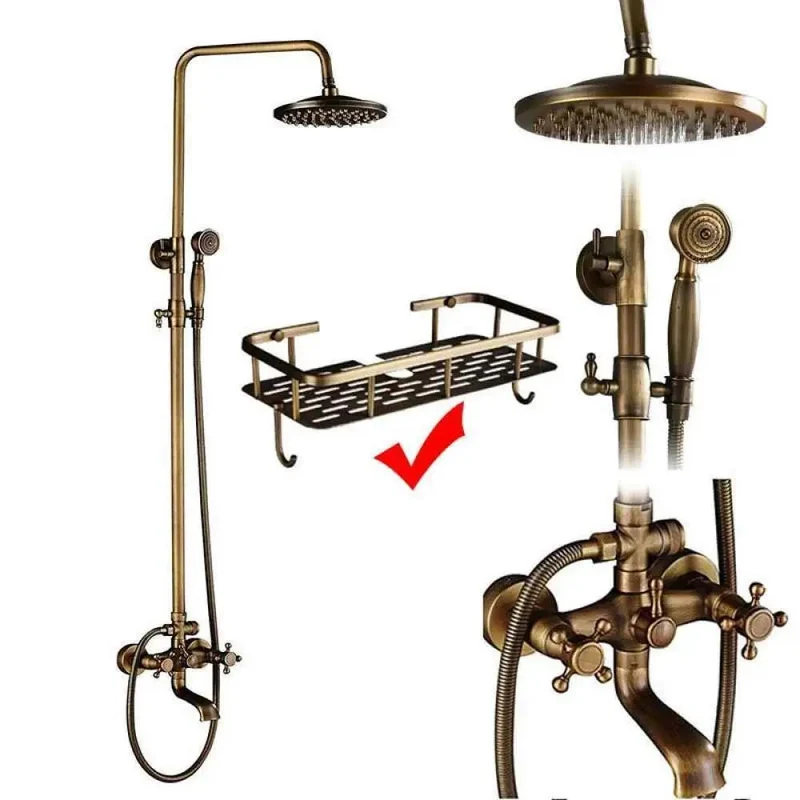Premium Antique Brass Shower System Complete Kit With Porcelain Ceramic Dual Control Mixer Faucet Swiveling Bathtub Spout And Relaxing Hand Shower For A Dope Bathroom Refresh