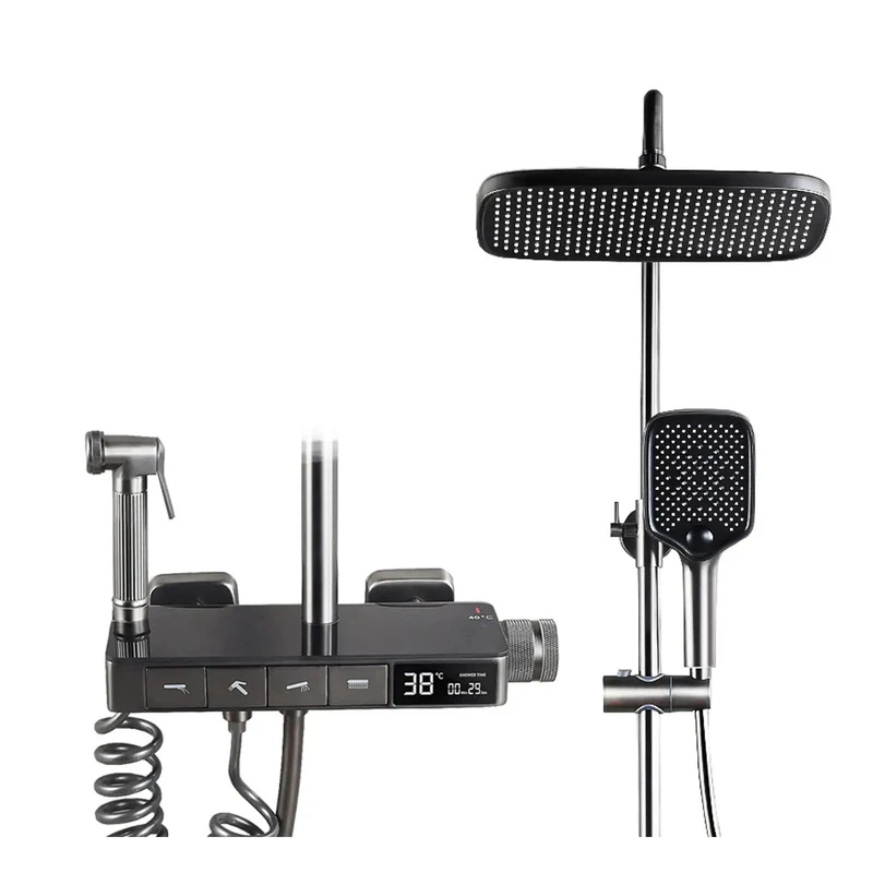 Solid Thermostatic Shower System With Digital Display And 40 Degree Constant Temp Valve Features Four Function Mixer Rain Shower Head Bathtub Faucet And Bidet Sprayer For Quick Bathroom Refresh