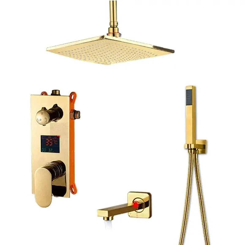 Slick Ceiling Mounted Rainfall Shower System With 12 Inch Gold Finish And Digital Temperature Display Featuring A Single Lever Handle Concealed Mixing Valve For Top Shelf Bathroom Setup And Heavy Duty Daily Comfort