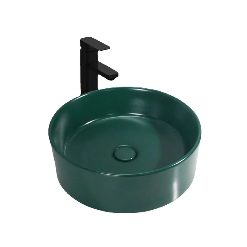 Round Ceramic Vessel Sink Above Counter With Butter Smooth Dark Green Glaze Nonporous Stain Resistant Finish No Hassle Cleanup Drop Dead Gorgeous Contemporary Bathroom Art Basin