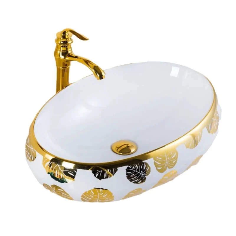 Sleek Oval Vessel Bathroom Sink With Rich Gold Leaf Floral Motif No Fuss Clean Slick Surface Fresh Shine Finish Above Counter Wash Basin Heavy Duty Build