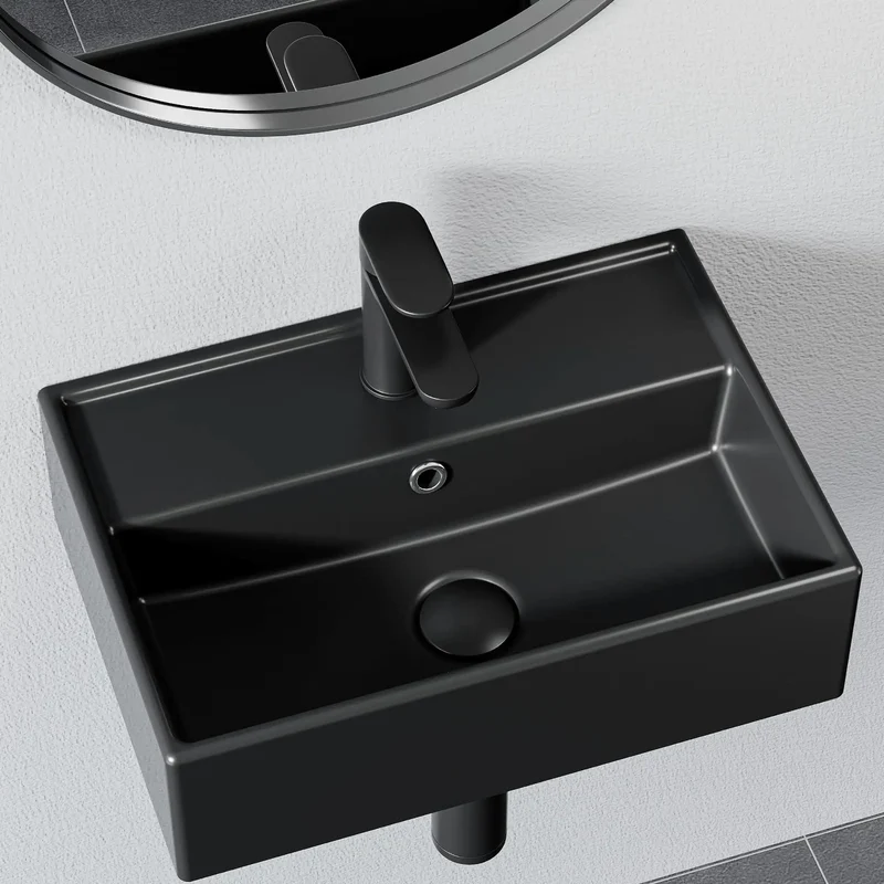 Badass Black Bathroom Wash Basin 45Cm Modern Countertop And Wall Mounted Sink Game Changer For Your Daily Grind Sleek Design That Slays Every Time Heavy Duty Ceramic Construction Ensures No Stress Installing Is A Total Home Flex