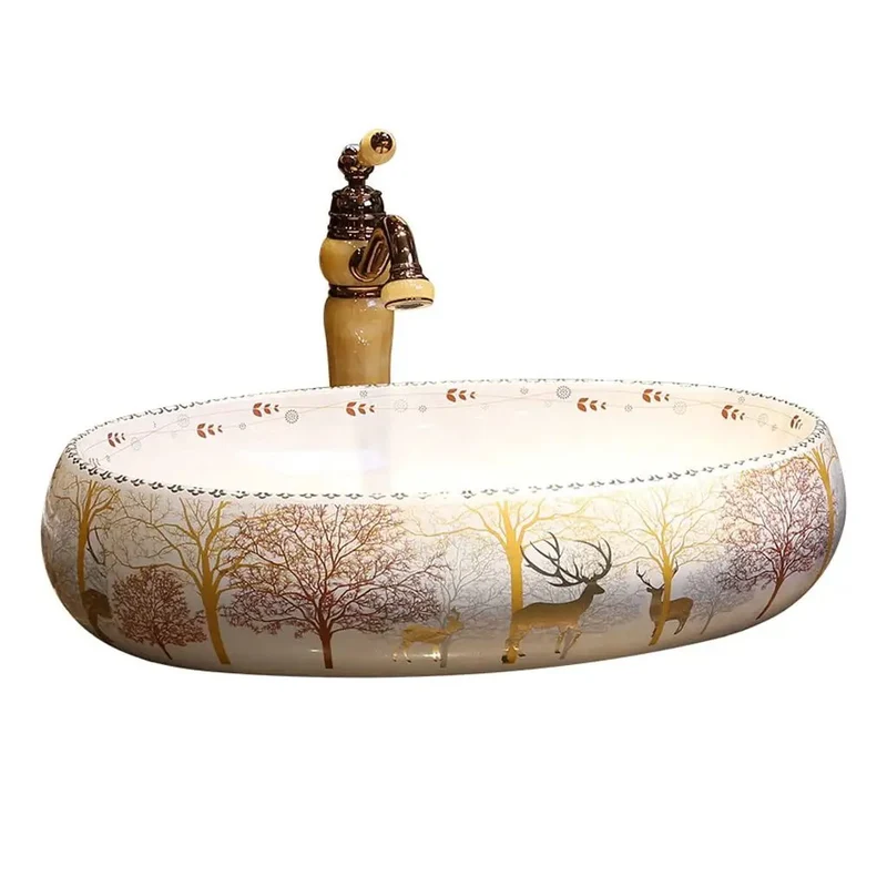Slick Ceramic Vessel Sink For Modern Bathroom Countertop Basin With Matching Faucet Featuring Gorgeous Forest Art Motifs And Nordic Vibes This Top Tier Vanity Washbasin Brings Hella Style To Your Daily Wash Routine And Real Charm
