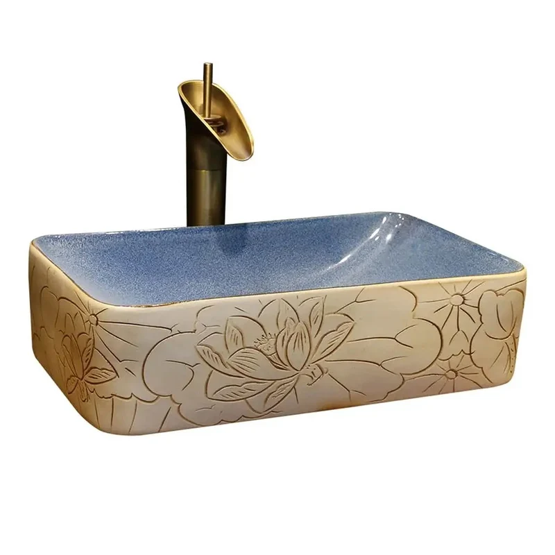 Killer Rectangular Ceramic Vessel Sink Featuring A Sleek Lotus Pattern Really Hitting The Spot For Upgrading Your Countertop Bathroom Washbasin Setup Today