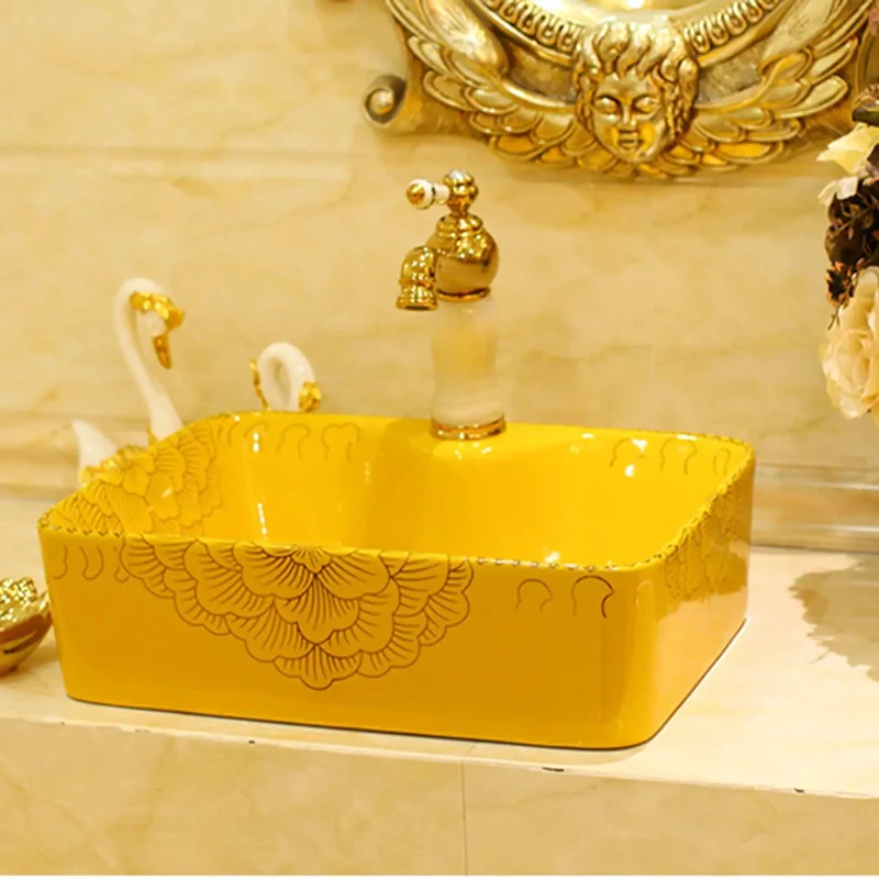 Top Shelf Gold Rectangle Vessel Sink Above Counter Bathroom Vanity Basin Premium Ceramic Countertop Washbasin Lowkey Stylish House Refresh Staple With Smooth Daily Flow And Clean Urban Vibes
