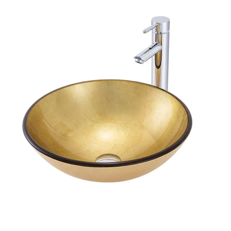 Savage Yellow Tempered Glass Vessel Sink Paired With Slick Chrome Faucet And Pop Up Drain For Trendy Above Counter Vanity Round Wash Basin Built Tough To Last Premium Quality Easy Install