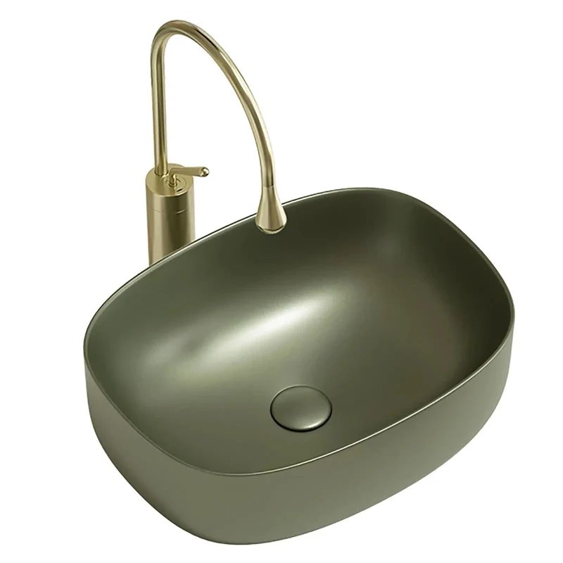 Retro Green Ceramic Vessel Sink With Hella Stylish Curved Shape For Above Counter Bathroom Vanity, Scratch Resistant Glaze, No Sweat Maintenance, Durable Construction For Guest Bath Or Balcony, 23.6 Inch