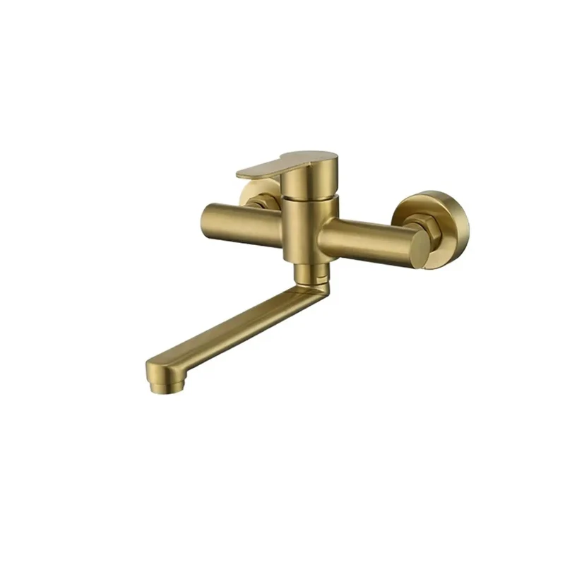 Top Shelf Wall Mounted Kitchen Faucet Featuring 180 Degree Swivel Spout And Separate Hot Cold Handles. Built Tough From Brushed Nickel For Effortless Cleaning And A Crisp Contemporary Vibe Over Any Sink.