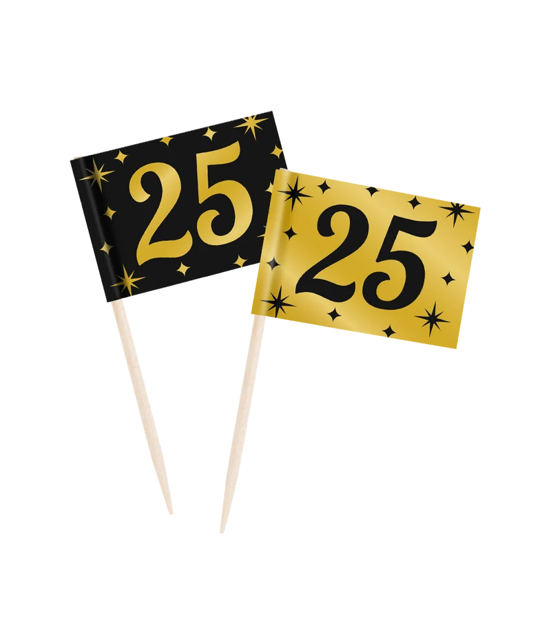 Cocktailprikkers zwart/goud 25 jaar