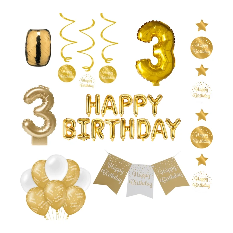 3 jaar Verjaardag Versiering Pakket Gold