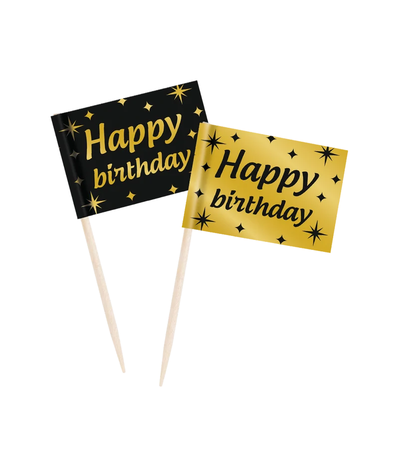 Cocktailprikkers zwart/goud Happy Birthday