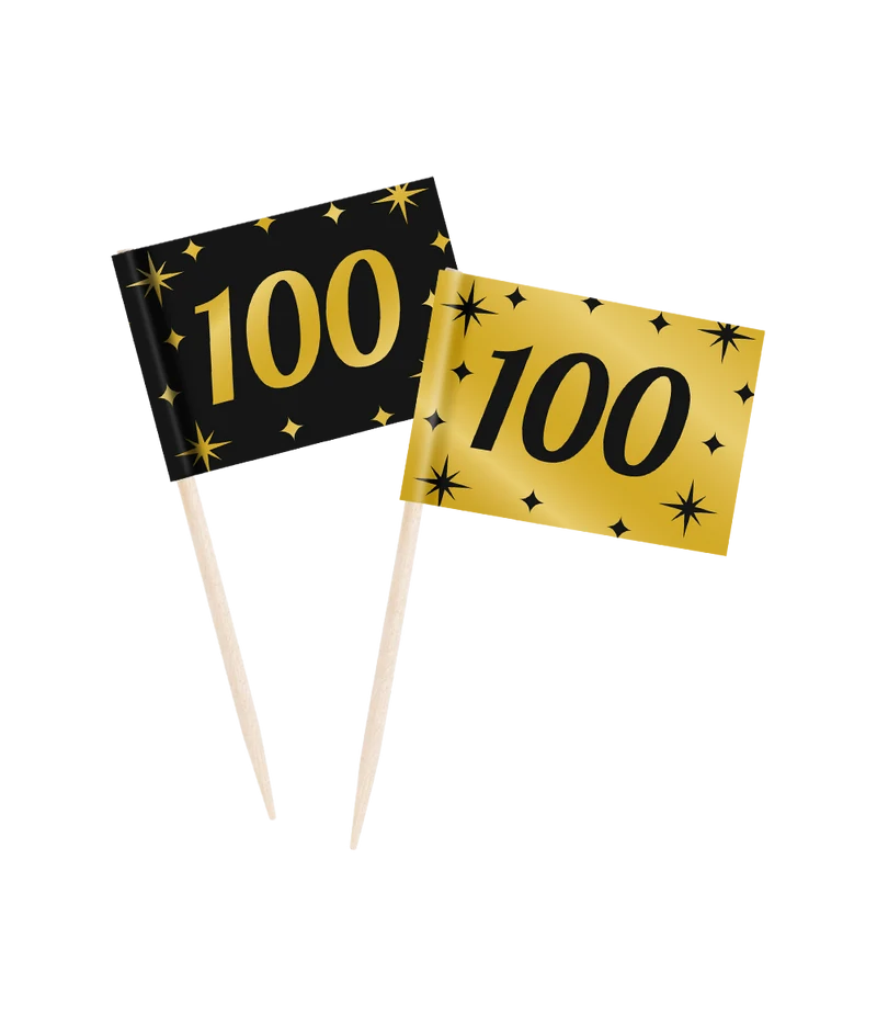 Cocktailprikkers zwart/goud 100 jaar