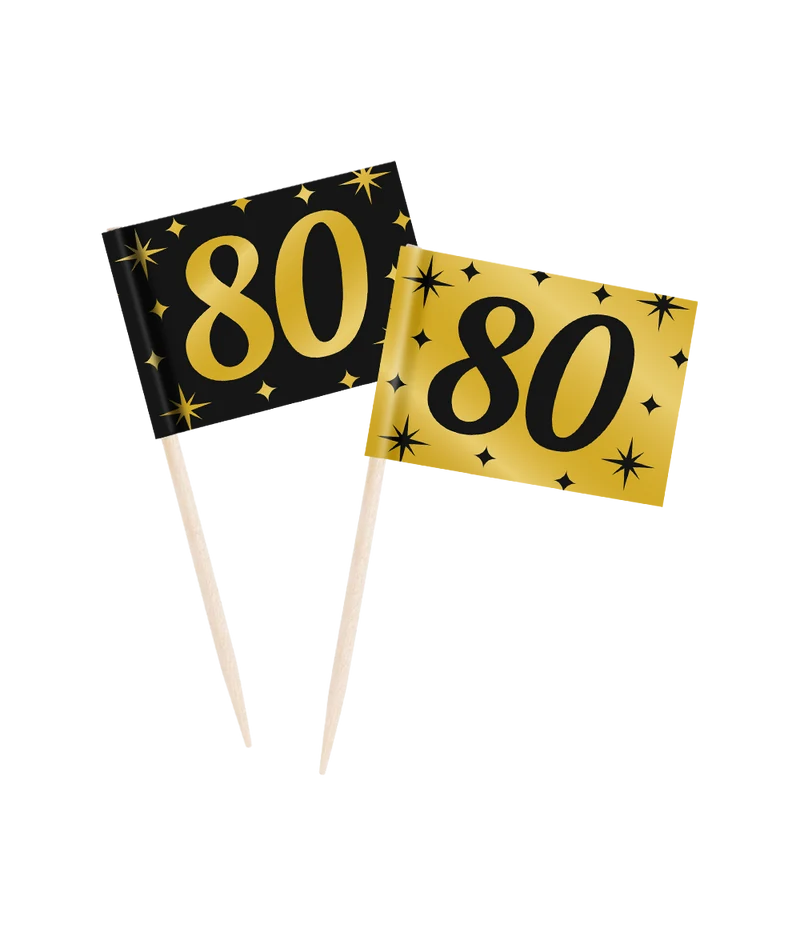 Cocktailprikkers zwart/goud 80 jaar