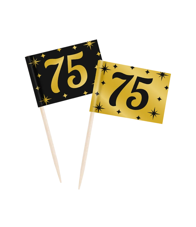 Cocktailprikkers zwart/goud 75 jaar