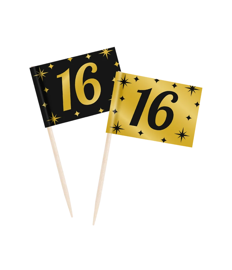 Cocktailprikkers zwart/goud 16 jaar