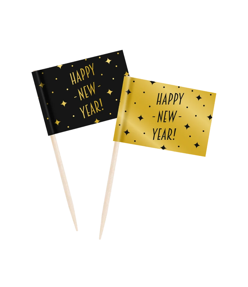 Cocktailprikkers zwart/goud Happy new year