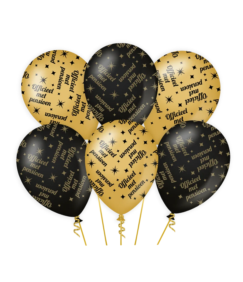 Ballonnen zwart/goud Pensioen (6 st.)