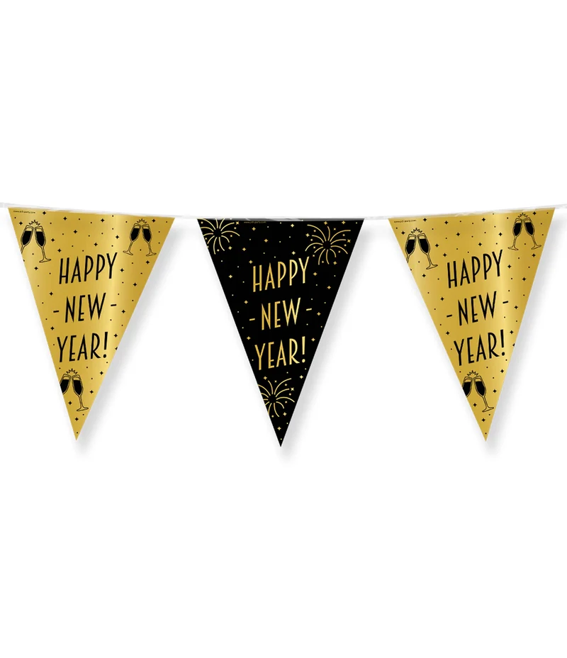 Vlaggenlijn zwart/goud Happy New Year (10m)