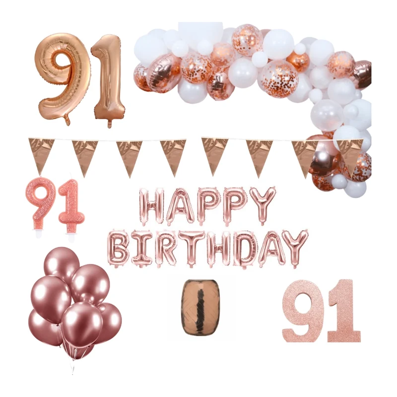 91 jaar Verjaardag Versiering Pakket Rosé goud XL