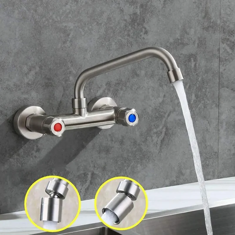 Upgrade Your Sink Setup With This 304 Stainless Steel In Wall Faucet, Featuring a Full Rotation Swivel Spout, Double Hole, Hot And Cold Mixer, Perfect for Mop Bins and Bars, Heavy Duty Commercial Quality, Easy Install