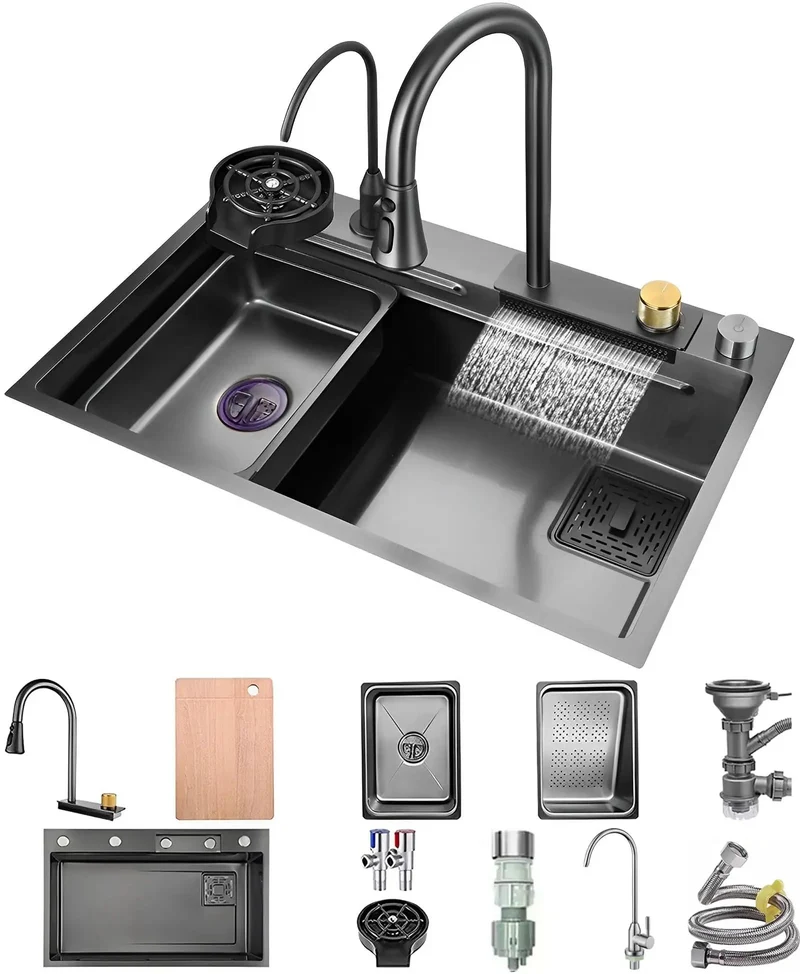 Killer Kitchen Sink Set With Slick Retractable Faucet And Pull Down Spray Head Includes Deep Bowl Basket Strainer Badass Cutting Board And No Hassle Siphon Drain Kit