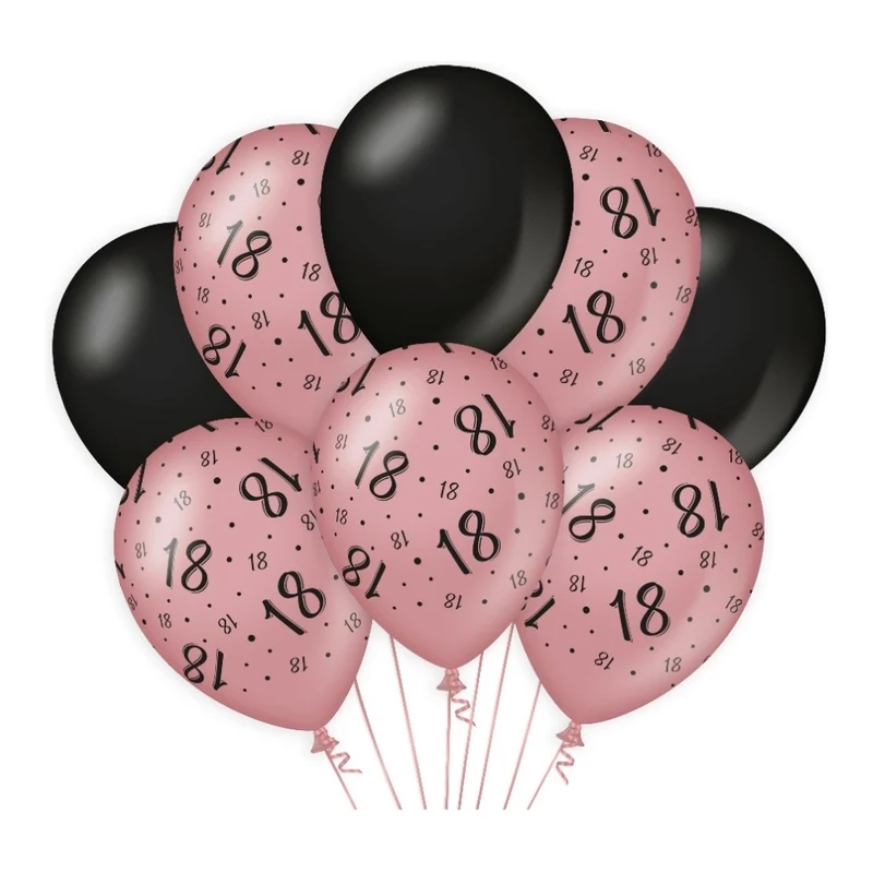 18 jaar versiering/ decoratie ballonnen rose goud en zwart, 8 stuks 30cm