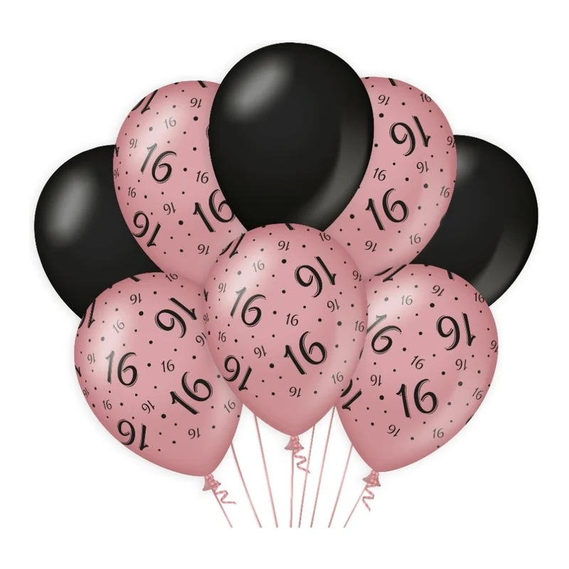 16 jaar versiering/ decoratie ballonnen rose goud en zwart, 8 stuks 30cm