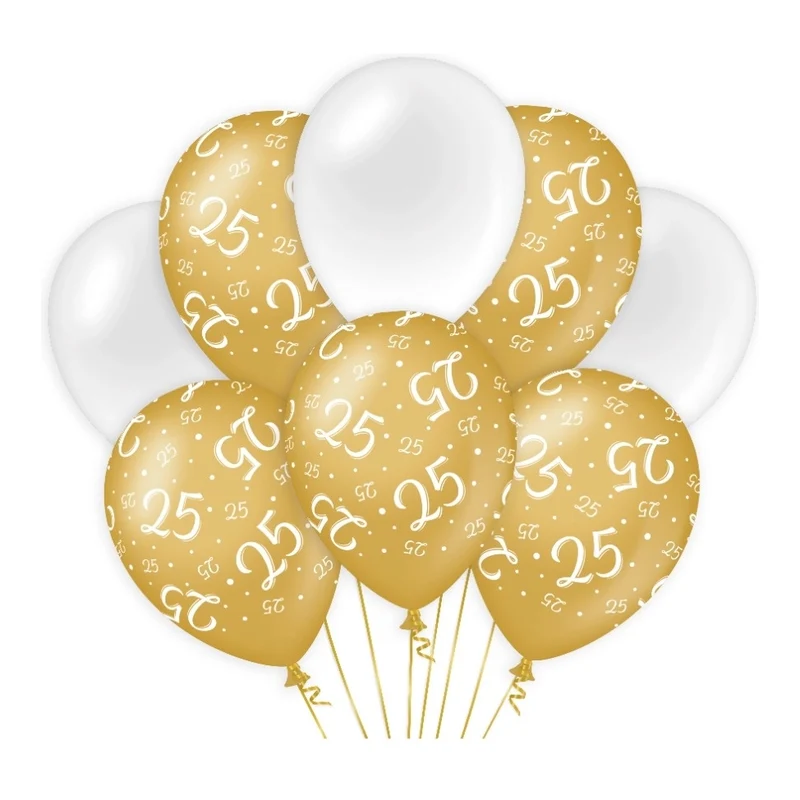 25 jaar versiering/ decoratie ballonnen goud en wit, 8 stuks 30cm