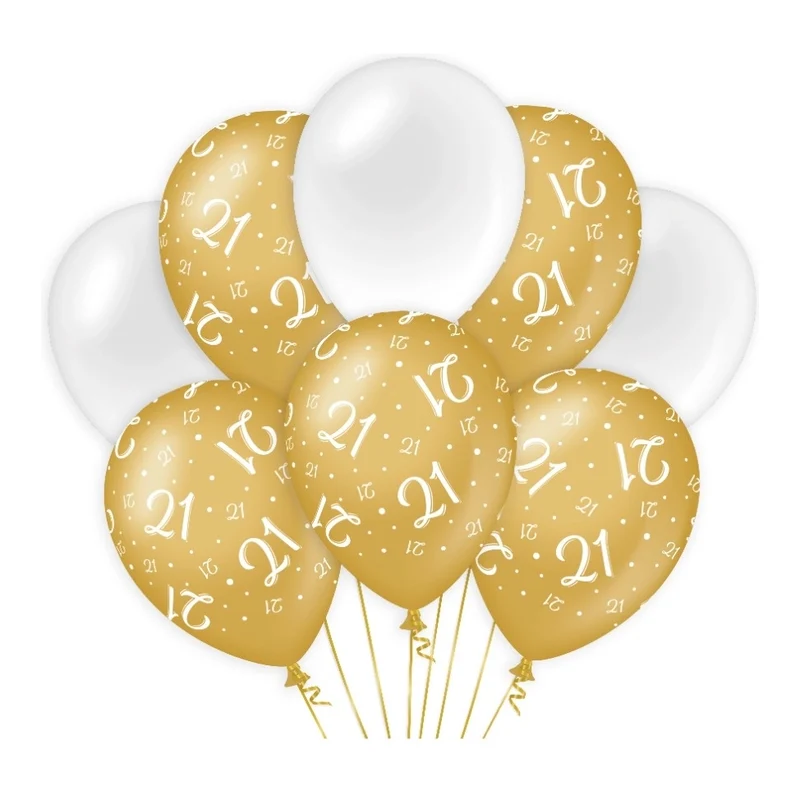 21 jaar versiering/ decoratie ballonnen goud en wit, 8 stuks 30cm