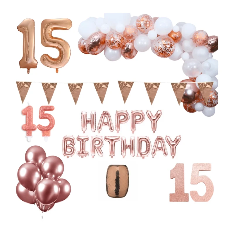 15 jaar Verjaardag Versiering Pakket Rosé goud XL