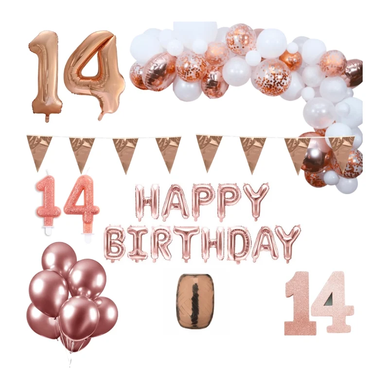 14 jaar Verjaardag Versiering Pakket Rosé goud XL