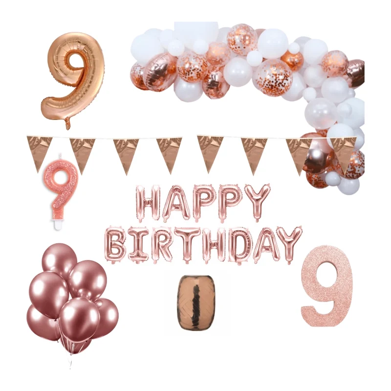 9 jaar Verjaardag Versiering Pakket Rosé goud XL