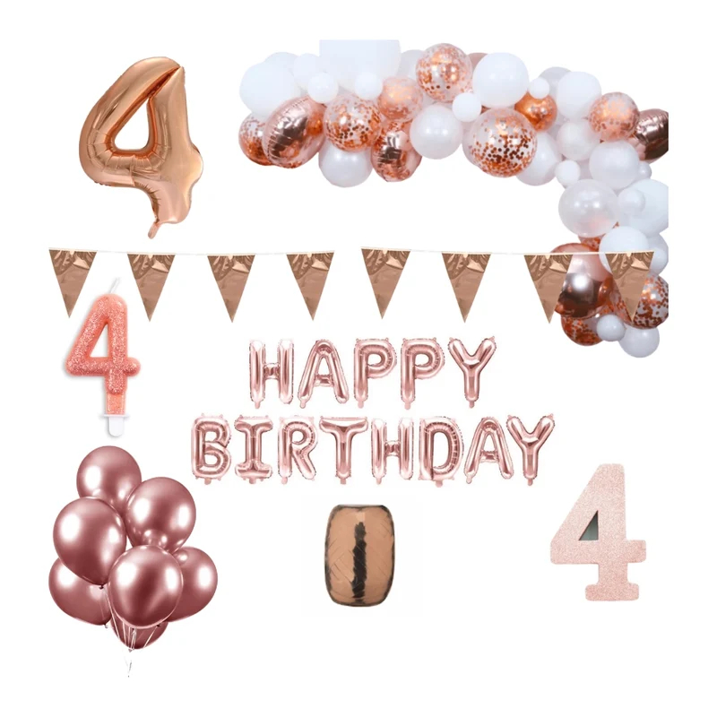 4 jaar Verjaardag Versiering Pakket Rosé goud XL