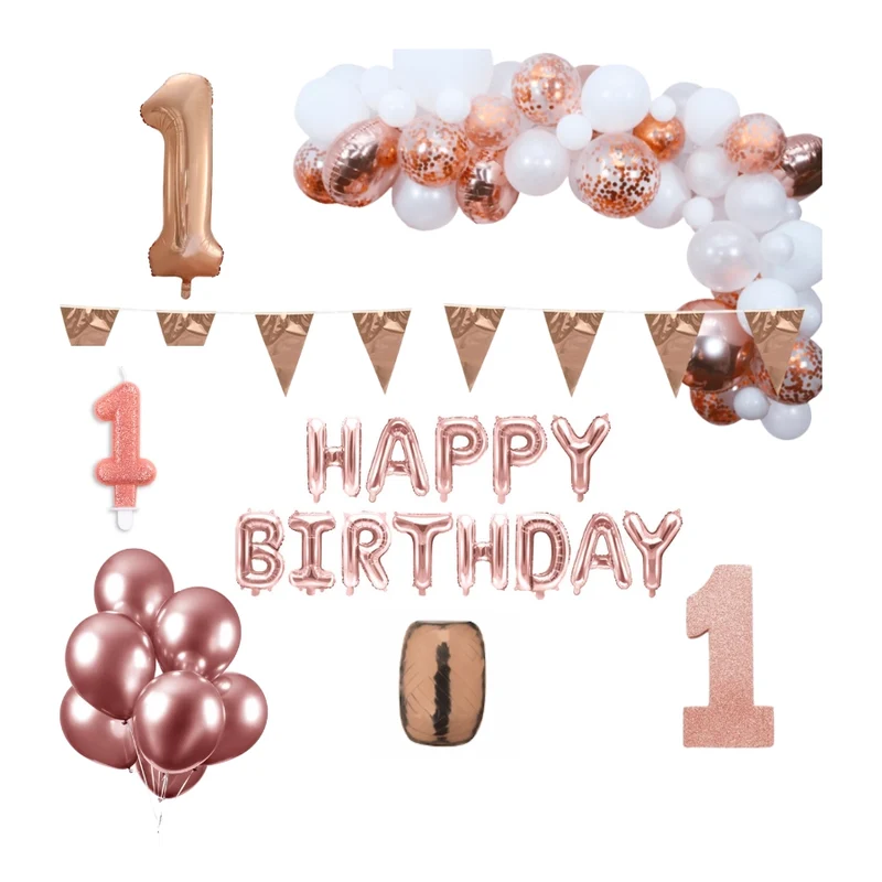 1 jaar Verjaardag Versiering Pakket Rosé goud XL
