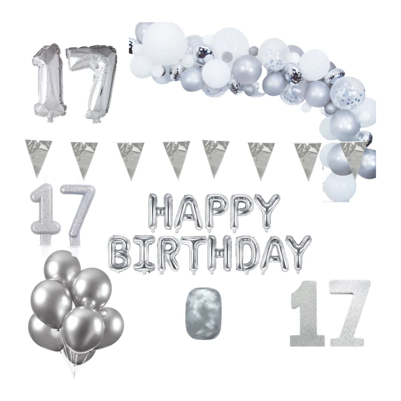 17 jaar Verjaardag Versiering Pakket Zilver XL