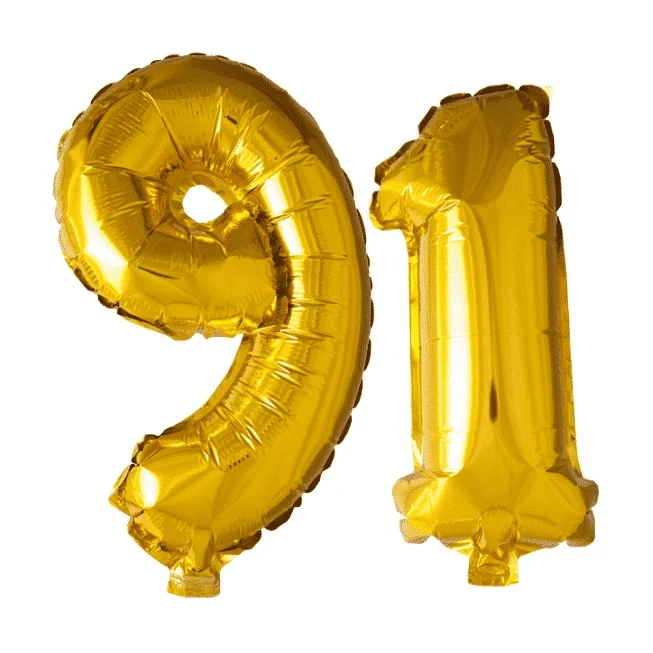 Folieballon 91 jaar Goud 41cm