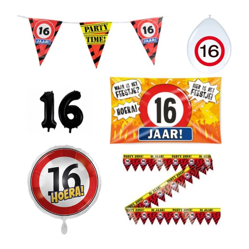 16 jaar verjaardag versiering pakket verkeersbord incl. Gevelvlag