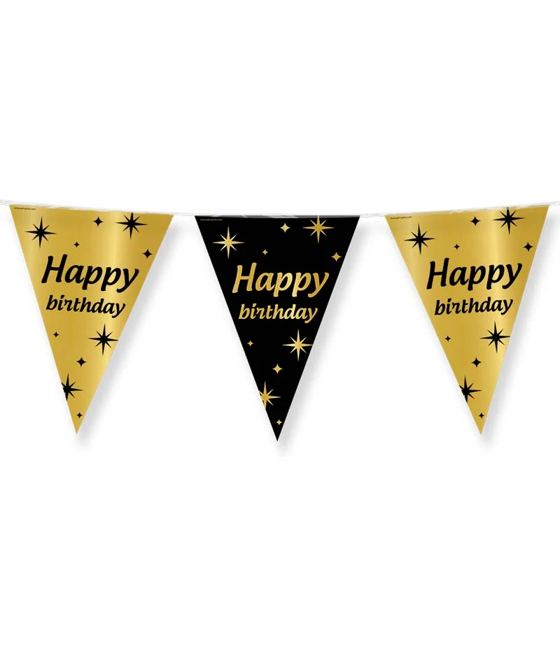 Vlaggenlijn zwart/goud Happy Birthday (10m)