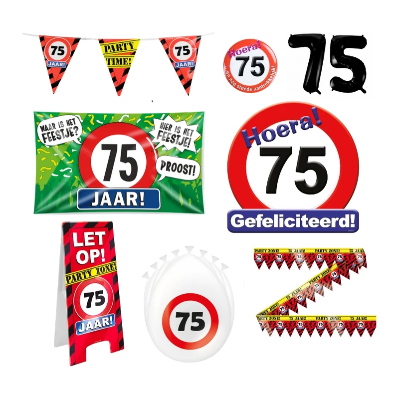 75 jaar verjaardag versiering pakket verkeersbord XL