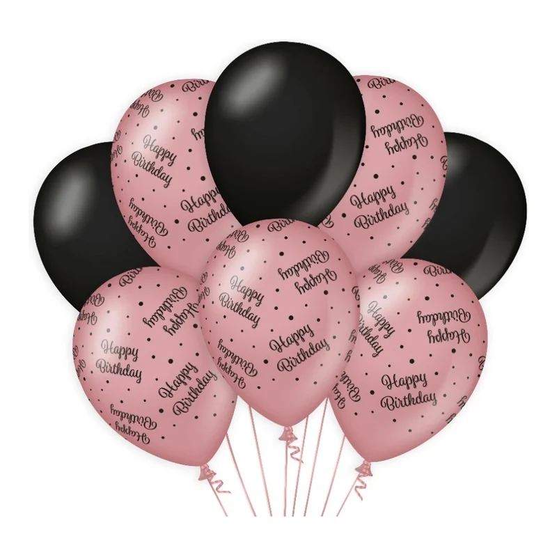 Happy Birthday versiering/ decoratie ballonnen rose goud en zwart, 8 stuks 30cm