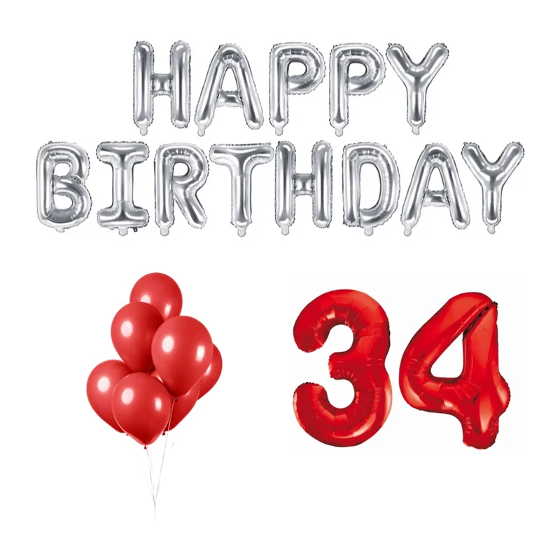 34 jaar Verjaardag Versiering Ballon Pakket rood & zilver